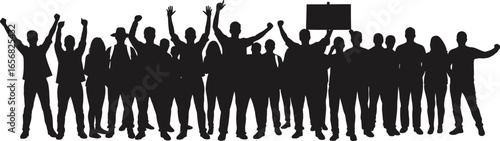 Crowd of Protesters Silhouette with Raised Hands and Sign on Transparent Background