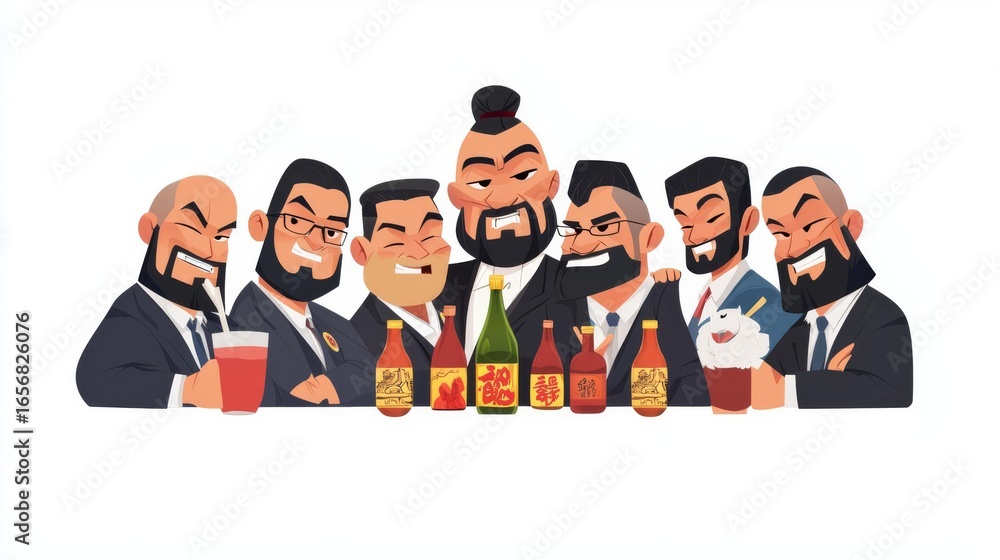Obraz premium A lively group of stylish men enjoying drinks together, embodying camaraderie and celebration in a fun cartoon style.