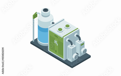 Isometric Illustration of a Hydrogen Fuel Cell Station Demonstrating Clean Energy Production and Sustainable Power Generation for a Greener Future, on White Background.