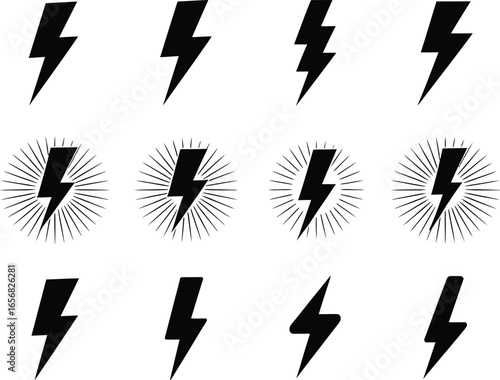 A collection of twelve black lightning bolt vector icons. A set illustrating different flash and thunderbolt shapes for design elements.