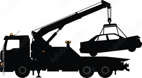 Tow Truck Lifting Car Silhouette on Transparent Background tow truck lifting car This image features distinctive silhouette style and transparent background making valuable asset for