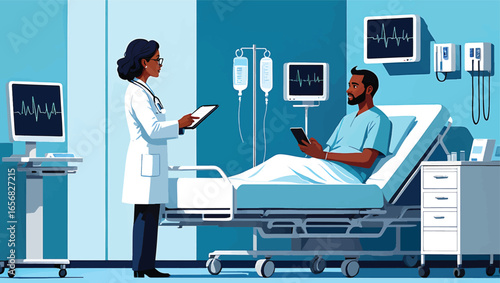 Female doctor consulting male patient in a modern hospital room. Flat vector illustration of healthcare and technology.