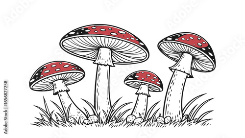 Hand-drawn red mushroom illustration vector, fly agaric toadstool clipart, botanical forest fungi drawing, poisonous mushroom artwork for nature design