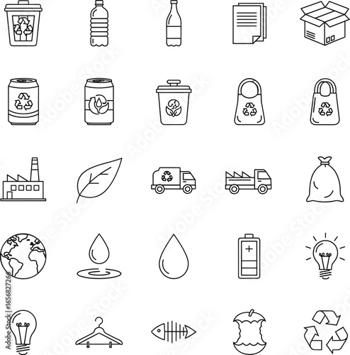 Eco-friendly recycling icon set, sustainability symbols, waste management vector illustration, green environment, clean energy, trash, earth, water, reuse