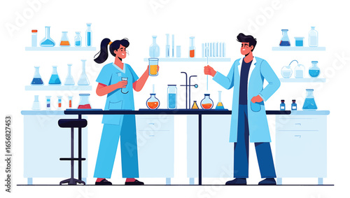Scientists Conducting Experiments in a Modern Laboratory Vector Illustration