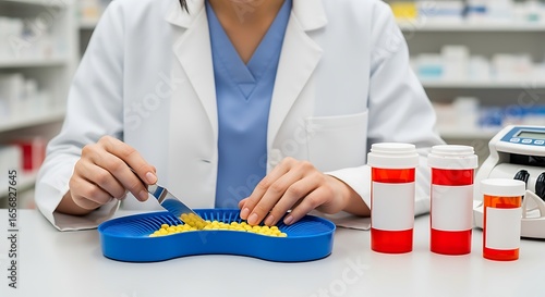 Professional pharmacist meticulously counting yellow pills on a blue tray to dispense a prescription medication at the pharmacy counter.