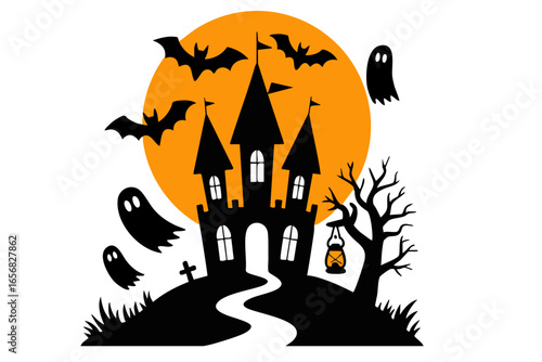 halloween Haunted Castle Silhouette with Bats and Pumpkins