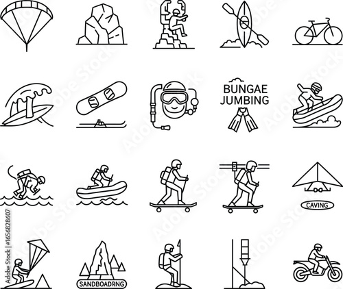 Extreme adventure sport line icons set, outdoor activity symbols, thrill seeker elements, vector illustration pack for travel and exploration