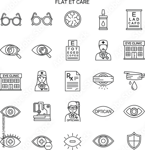 Eye care icons set, optometry tools vector, glasses, optician, eye chart, contact lens, prescription, clinic, doctor, vision test