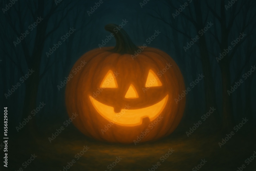 Fototapeta premium Glowing Jack O Lantern in Dark Forest Halloween Night Illustration