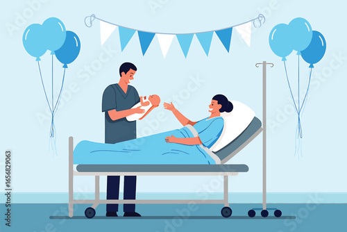 Newborn Baby Celebration Joyful Moments of Postpartum Care and Parental Love in Hospital
