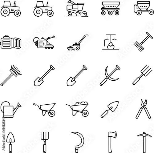 Farming equipment icon set, agriculture tools vector, shovel, tractor, rake, wheelbarrow, sickle, watering can, axe, pickaxe, harvester