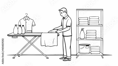 A male worker ironing clothes, focused mood, organizing laundry in clean indoor space