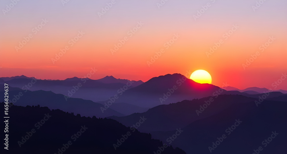 Fototapeta premium golden sunset mountains, sunset in nature art, mountains at dusk art, romantic mountain sunset, sunset alpine painting, sunset and forest mountains, evening sky mountain range, mountain sunset digital