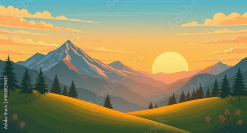 romantic mountain sunset, sunset alpine painting, sunset and forest mountains, evening sky mountain range, mountain sunset digital art, warm mountain sunset, dramatic sunset over mountains, peaceful s