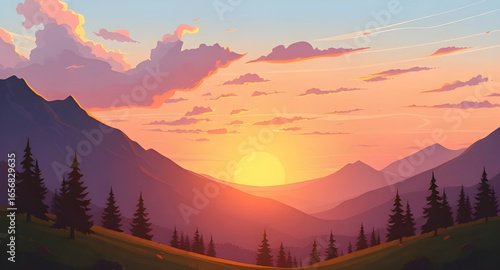 sunset in nature art, mountains at dusk art, romantic mountain sunset, sunset alpine painting, sunset and forest mountains, evening sky mountain range, mountain sunset digital art, warm mountain sunse
