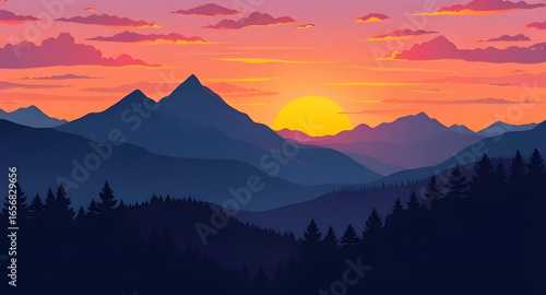 sunset mountain canvas, golden sunset mountains, sunset in nature art, mountains at dusk art, romantic mountain sunset, sunset alpine painting, sunset and forest mountains, evening sky mountain range,