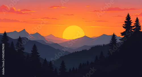 mountain sunset illustration, sunset mountain canvas, golden sunset mountains, sunset in nature art, mountains at dusk art, romantic mountain sunset, sunset alpine painting, sunset and forest mountain