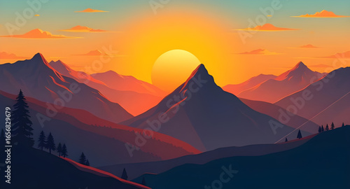 sunset ridge painting, pink sky mountain art, mountain sunset illustration, sunset mountain canvas, golden sunset mountains, sunset in nature art, mountains at dusk art, romantic mountain sunset, suns
