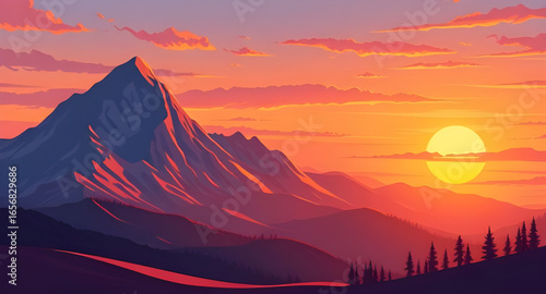 sunset over cliffs art, sunset ridge painting, pink sky mountain art, mountain sunset illustration, sunset mountain canvas, golden sunset mountains, sunset in nature art, mountains at dusk art, romant