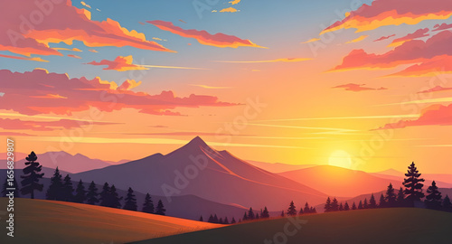 evening mountains artwork, sunset sky over mountains, twilight mountain art, colorful sunset mountains, sunset horizon mountains, mountain dusk painting, sunset peak art, sunset in hills painting, mou