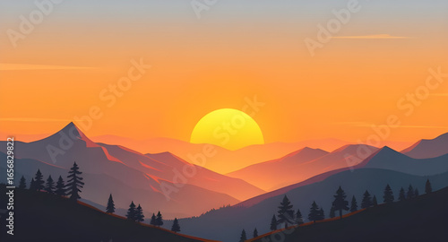 sunset mountain landscape, evening mountains artwork, sunset sky over mountains, twilight mountain art, colorful sunset mountains, sunset horizon mountains, mountain dusk painting, sunset peak art, su
