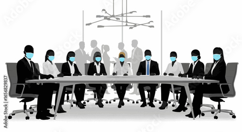 Coworkers gathered at a meeting wearing masks silhouette on white background