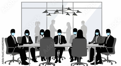 Coworkers gathered at a meeting wearing masks silhouette on white background