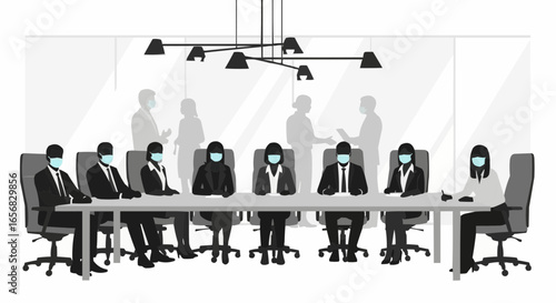 Coworkers gathered at a meeting wearing masks silhouette on white background
