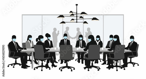 Coworkers gathered at a meeting wearing masks silhouette on white background