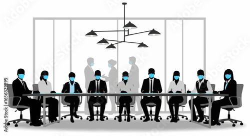 Coworkers gathered at a meeting wearing masks silhouette on white background