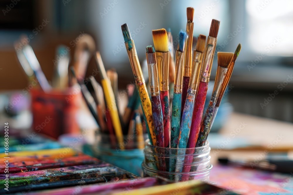 Fototapeta premium Assorted paintbrushes in jars, close-up