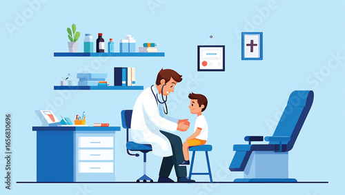 Pediatrician Examining a Young Boy During a Medical Check-up in a Doctor's Office