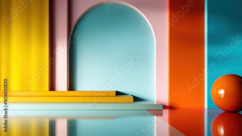 A vivid, geometric background with blocks of yellow, turquoise, pink, and orange reveals a playful artistic setup, ideal for creative themes and modern design concepts.