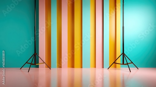 An artistic arrangement of vertical pastel lines in turquoise, pink, and yellow combined with black stands emphasizes modernity and creativity in a visually appealing setup.