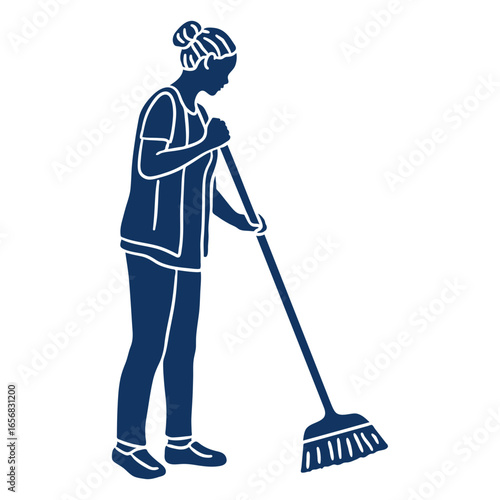 Silhouette of a woman sweeping a floor