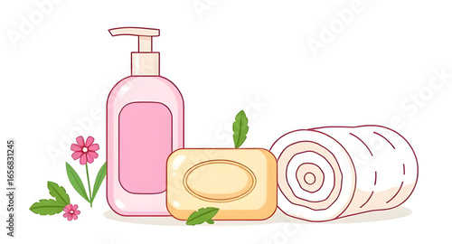 beauty products cartoon, cartoon cosmetics, cartoon lotion bottle, cream tube cartoon, shampoo bottle cartoon, conditioner cartoon, soap bar cartoon, shower gel cartoon, body wash cartoon, hand cream 