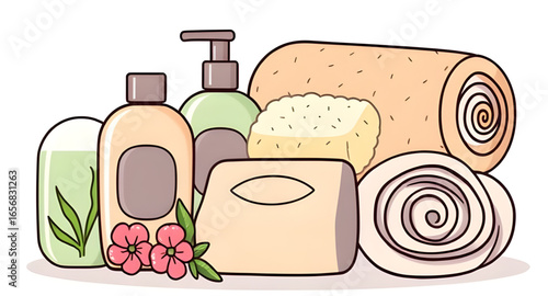 skincare cartoon, beauty products cartoon, cartoon cosmetics, cartoon lotion bottle, cream tube cartoon, shampoo bottle cartoon, conditioner cartoon, soap bar cartoon, shower gel cartoon, body wash ca