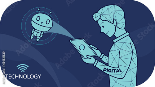 Man holding tablet interacting with friendly robot character in digital technology concept vector illustration