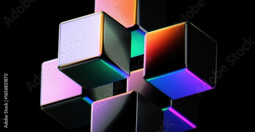 An artistic image of colorful cube structures on dark background. The cubes are arranged in a complex and intricate formation, creating a visually stunning effect