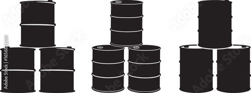 Three stacks of black oil drums silhouette isolated on white background
