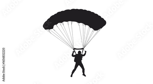 Silhouette of a skydiver with a parachute descending from the sky in a minimalist style drawing design