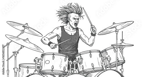 Sketch of a drummer with a mohawk playing a drum set with cymbals and wearing wristbands and a tank top