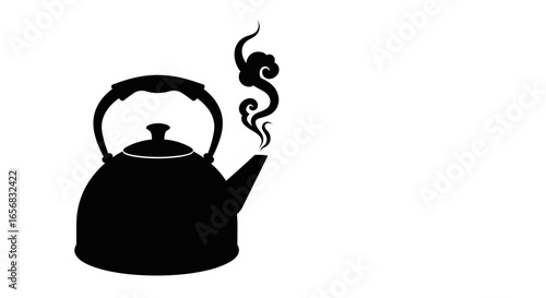 Silhouette of a kettle with steam rising from the spout creating a simple graphic illustration style