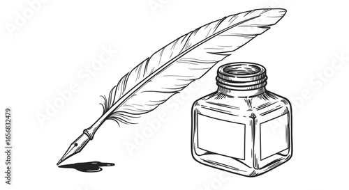 Illustration of a quill pen with a small ink puddle next to an inkwell with a square body shape