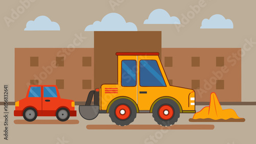 A snowplow and car on street, busy mood, snow clearing operation in urban setting, colorful background
