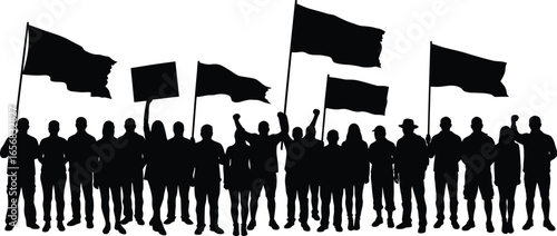 Crowd of Protesters Holding Flags and Signs Silhouette on Transparent Background silhouette crowd protesters holding flags signs This image features distinctive silhouette style The transparent