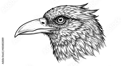 Detailed sketch of a bird head showcasing intricate feather details and a prominent beak structure design
