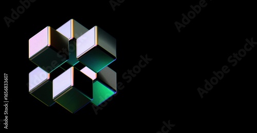 A 3D abstract cube with reflective metallic surfaces floating against a black backdrop, showcasing modern design and spatial depth.