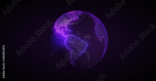 A mesmerizing image of planet earth with glowing contours, a symbol of global interconnectedness and environmental consciousness. The planet shimmers with violet light.